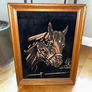 Vintage Black Velvet Painting Of Horses Wood Frame MCM equestrian art